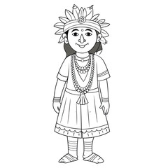Vector illustration for coloring children Indian in national costume. Black and white vector cute funny character in cartoon style.