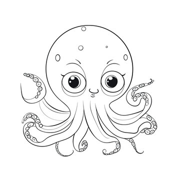 Cute cheerful octopus vector graphics. Vector drawing for children's colorings, black on white for coloring cartoon style