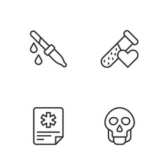 Set line Skull, Patient record, Pipette and Test tube with blood icon. Vector