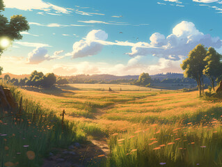 A serene landscape with trees and grass anime style concept art environment Generative Ai