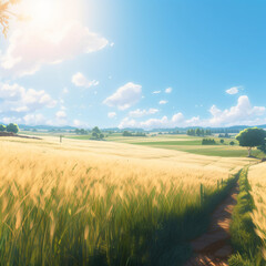 A scenic view of a grassy field with a dirt path winding through it anime style concept art environment Generative Ai