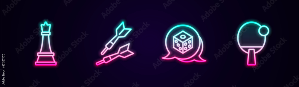 Poster set line chess, dart arrow, game dice and racket. glowing neon icon. vector