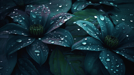 Dark blue flowers covered with water droplets Generative Ai