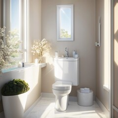 Fototapeta na wymiar modern, luxury bathroom with a wall hung toilet bowl in pristine white, featuring a closed seat with a sleek dual flush mechanism. 