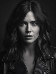 Fototapeta premium A black and white studio shot of a stylish woman model wearing a leather jacket isolated on a black background Generative Ai