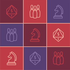 Set line Game dice, Chess and Bowling pin icon. Vector