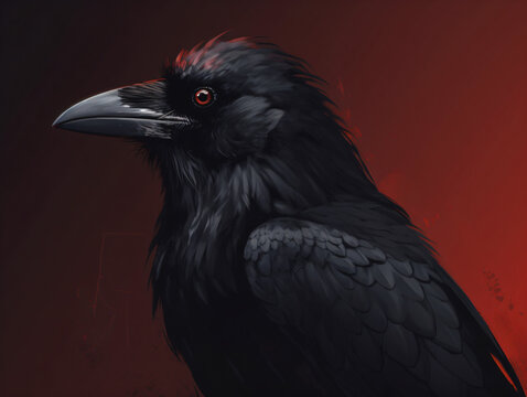 A close-up of a black crow bird on a red background Generative Ai