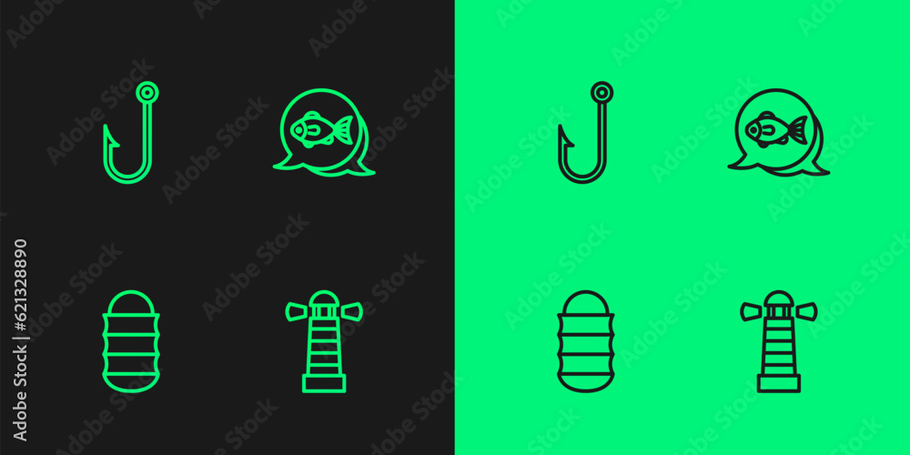 Poster set line lighthouse, fishing net, hook and icon. vector