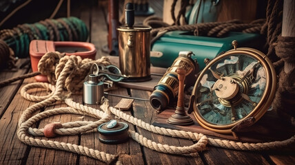Fototapeta na wymiar A close up of instruments and wooden wheel of nautical vessel. Generative Ai
