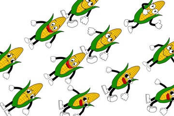 Seamless vector pattern with cute cartoon corn characters, rainbows, clouds, and hearts. Perfect for kids nursery wallpaper, clothing, cosmetic packaging, fabric, and textile.

