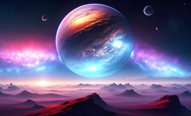 Tuinposter Landscape of an alien planet, view of another planet with stars and nebulas, science fiction cosmic background. Generative Ai. © Cobalt