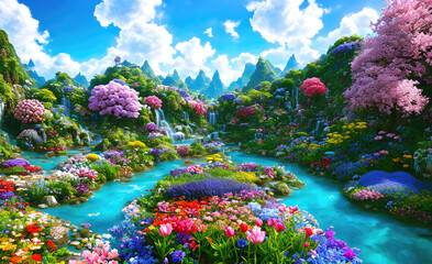 Paradise land with beautiful  gardens, waterfalls and flowers, magical idyllic background with many flowers in eden. - obrazy, fototapety, plakaty