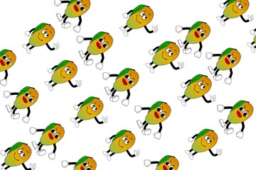Seamless pattern of cute cartoon mango characters with headphones and funny expressions. Playful tropical fruit design perfect for summer themes, kids projects, and fun decorations.