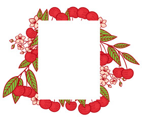 Festive card for invitations with rectangular blank space surrounded by ripe fresh red cherries and green leaves on white background