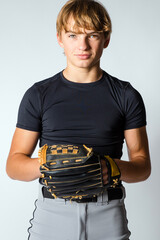 Smiling teenage male baseball player standing with ball in glove preparing to throw a pitch 