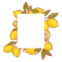 Festive card for invitations with empty frame surrounded by ripe sour yellow lemons green leaves and blossoming flowers on white background