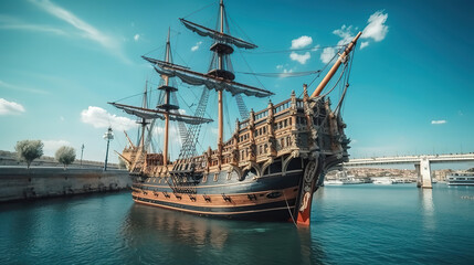 Fototapeta premium Galeon Andalucia, reproduction of a 17th century Spanish galleon in Valencia during . Generative Ai