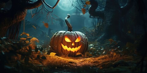 Halloween background. Spooky pumpkin with moon and dark forest. Halloween design with copyspace, generative ai