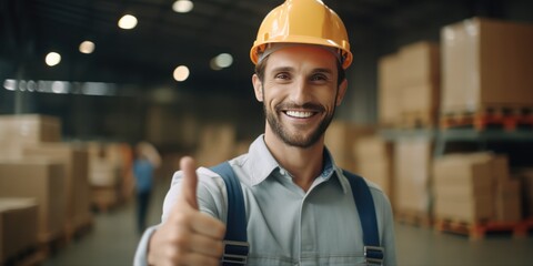 Happy Young male engineer wearing safety workwear standing in the factory and thumbs up to appreciate the success of the teamwork. safety first in the industrial plant, generative ai