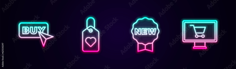 Sticker Set line Buy button, Heart tag, Price with New and Shopping cart monitor. Glowing neon icon. Vector