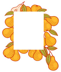 Festive card for invitations with rectangular blank frame surrounded by ripe pear with green leaves