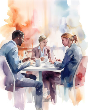 A Cohesive Group of Diverse Business Professionals Driving Excellence, A Group of Diverse Business Professionals Engaged in Work - Generative Ai Watercolor Illustration