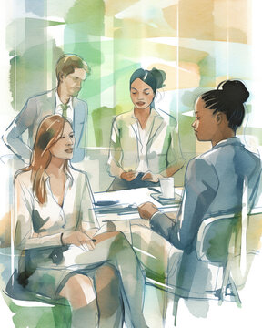Montage of business people working together, Diverse Business Professionals Coming Together for Success - Generative Ai Watercolor Illustration