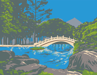 WPA poster art of arch bridge of Guanghua Pool at National Chiang Kai-shek Memorial Hall, Zhongzheng District, Taipei City Taiwan done in works project administration or Art Deco style. - 621330806