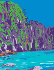 WPA poster art of Kayangan Lake in Coron within the Calamian Islands in northern Palawan in the Philippines done in works project administration or Art Deco style.
