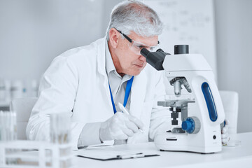 Microscope, healthcare and research with old man in laboratory for pharmacy, medical and vaccine....