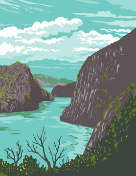 WPA poster art of Coron Island Cove view half way to Kayangan Lake in the Calamian Islands in northern Palawan in the Philippines done in works project administration or Art Deco style.
