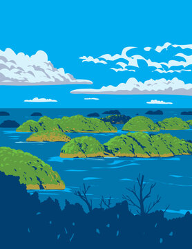 WPA poster art of Hundred Islands National Park scattered in Lingayen Gulf area located in Alaminos, Pangasinan, Luzon Philippines done in works project administration or Art Deco style.