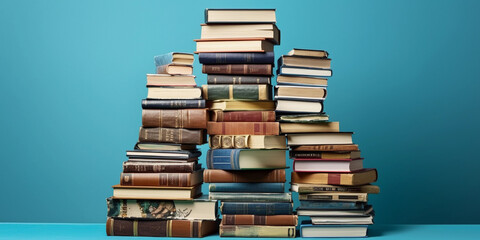 Pile of books in a blue background. Education and learning concept