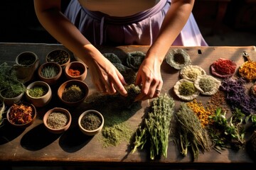 Woman hands and botanical blends of different herbs. Naturopat, phyto therapist, alternative therapy concept