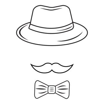Silhouette of a man in a hat with a mustache and glasses, with a tie, vector illustration in the style of a doodle, contour