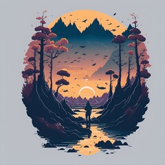 A man fishing in kayak in a river with a sunset background