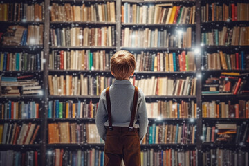Kid standing in a magic library with many books. Learning and education concept