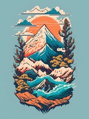 illustration of lots of mountains with trees and cloud
