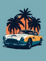 artwork of t-shirt graphic design, flat design of one retro car , Miami street