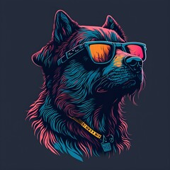 A detailed illustration face of dog wearing trendy glasses ,magic, t-shirt design, red color