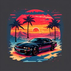 artwork of t-shirt graphic design, flat design of one retro car , Miami street