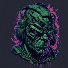 A detailed illustration face evil monster ,magic, t-shirt design, green color
