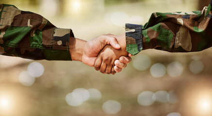 Army, camouflage and handshake for peace deal, problem solving and support for world solidarity....