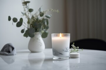 Fototapeta na wymiar Aroma candle on the table. Warm aesthetic composition with dry flowers. Cozy home comfort, relaxation and wellness concept. Interior decoration mockup
