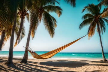 A peaceful beach with palm trees and a hammock.