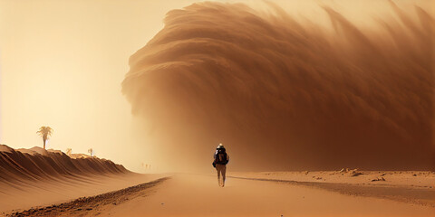 Nomad or Bedouin walking in the desert during a heavy sandstorm. Generative AI