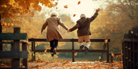 Happy elderly couple jumping high in autumn rural park, view from the back. Generative AI - obrazy, fototapety, plakaty
