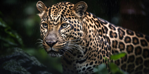 Portrait of a jaguar or leopard in the wild, close-up. Generative AI