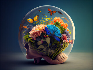 A symbolic image of a human head with a flowering brain and under a transparent glass cap. Generative AI