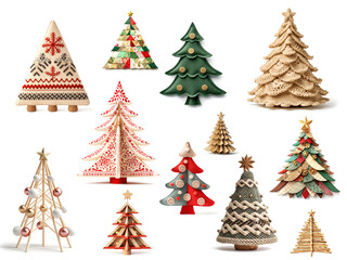 Collage of handmade alternative christmas trees on white background. Sustainable xmas decoration